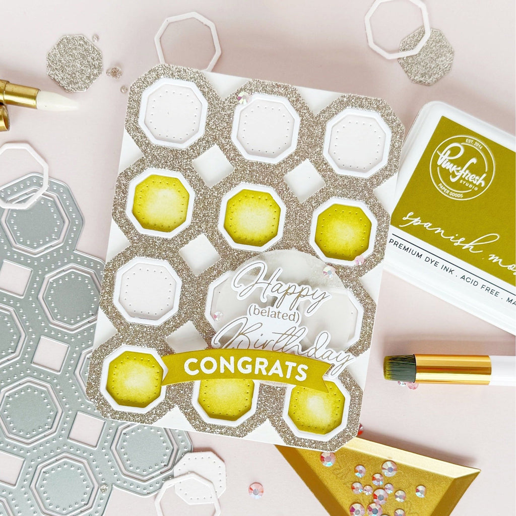 Pinkfresh Studio Octagon Grid Coverplate Die 300825 Happy Belated Birthday Card