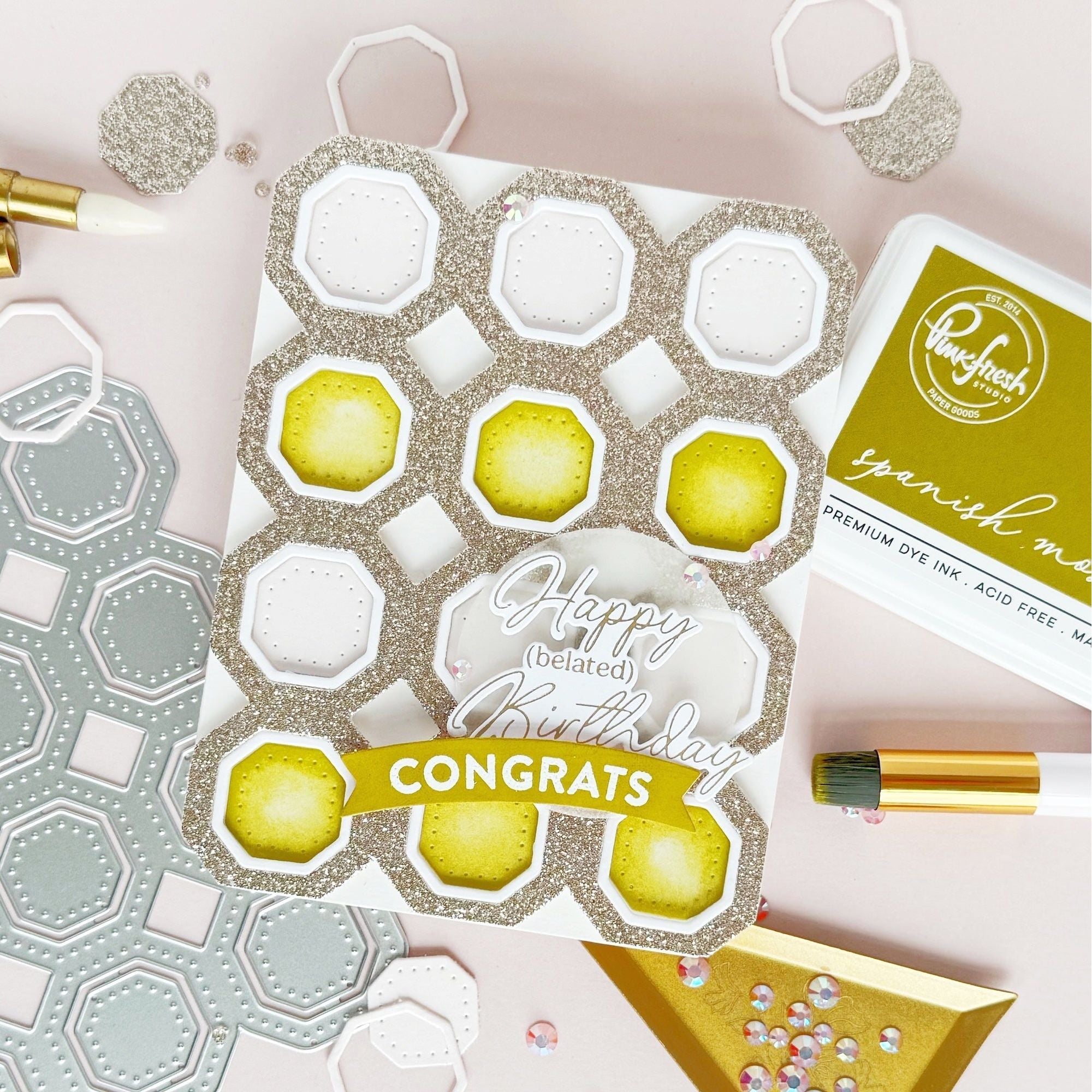 Pinkfresh Studio Octagon Grid Coverplate Die 300825 Happy Belated Birthday Card