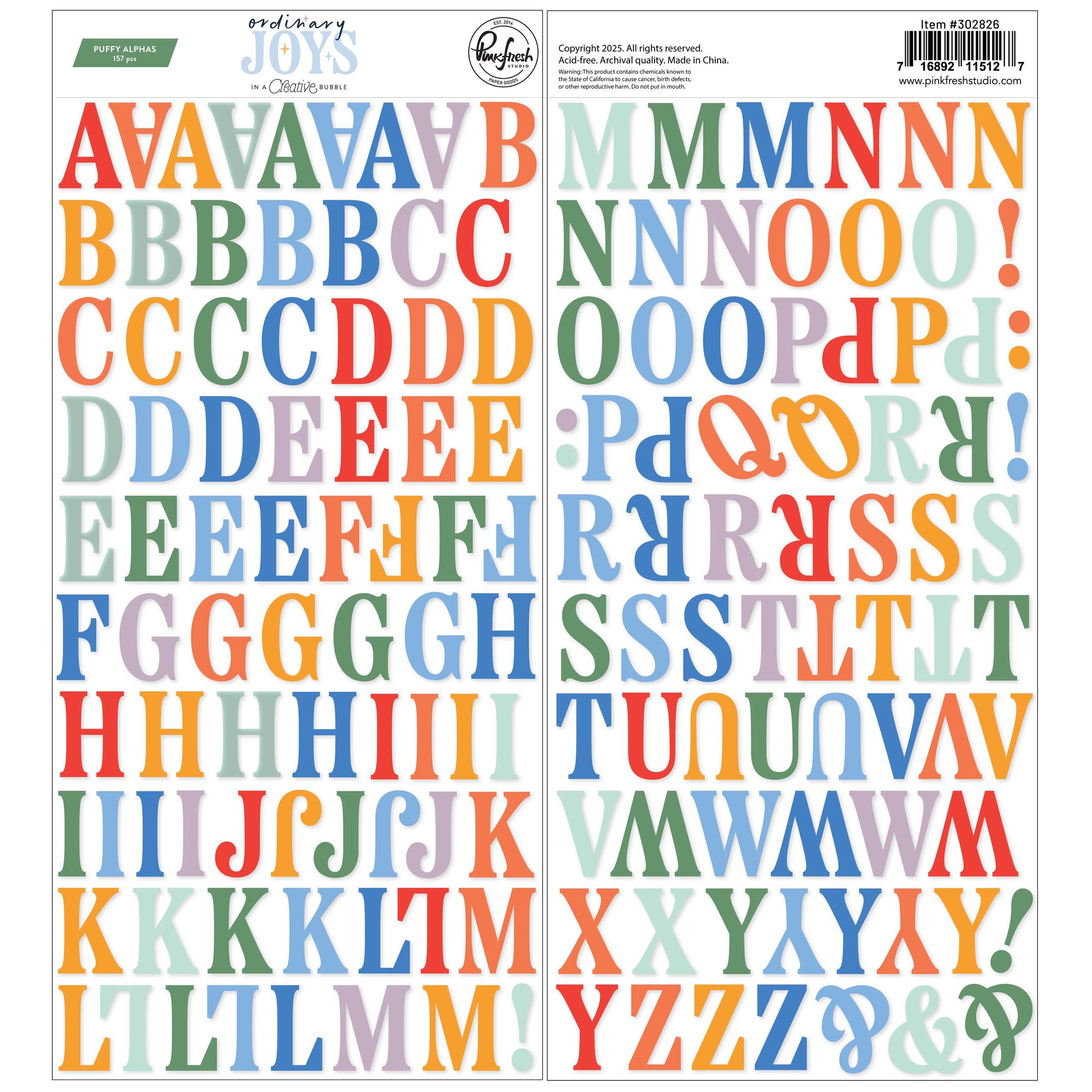 Pinkfresh Studio Ordinary Joy Puffy Alpha Stickers 302826 Colorful Letters