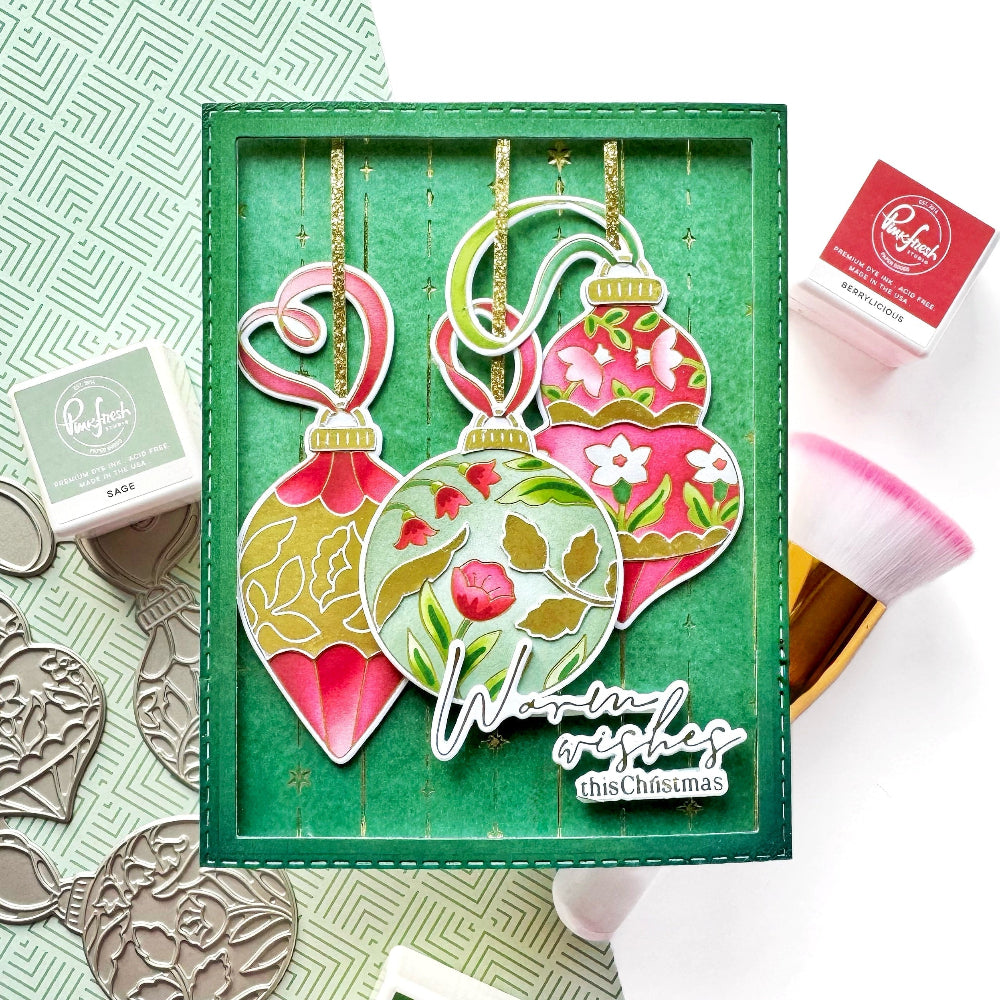 Pinkfresh Studio Ornamental Beauty Clear Stamps Dies Stencils And Press Plates Bundle Steph Dimensional Green and Red Ornament Shadowbox Frame card