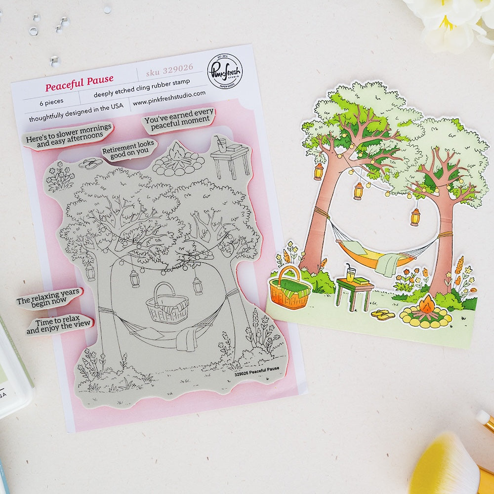 Pinkfresh Studio Peaceful Pause Cling Stamps Die And Stencils Bundle 329026 Cling Stamp Set And Colored Sample