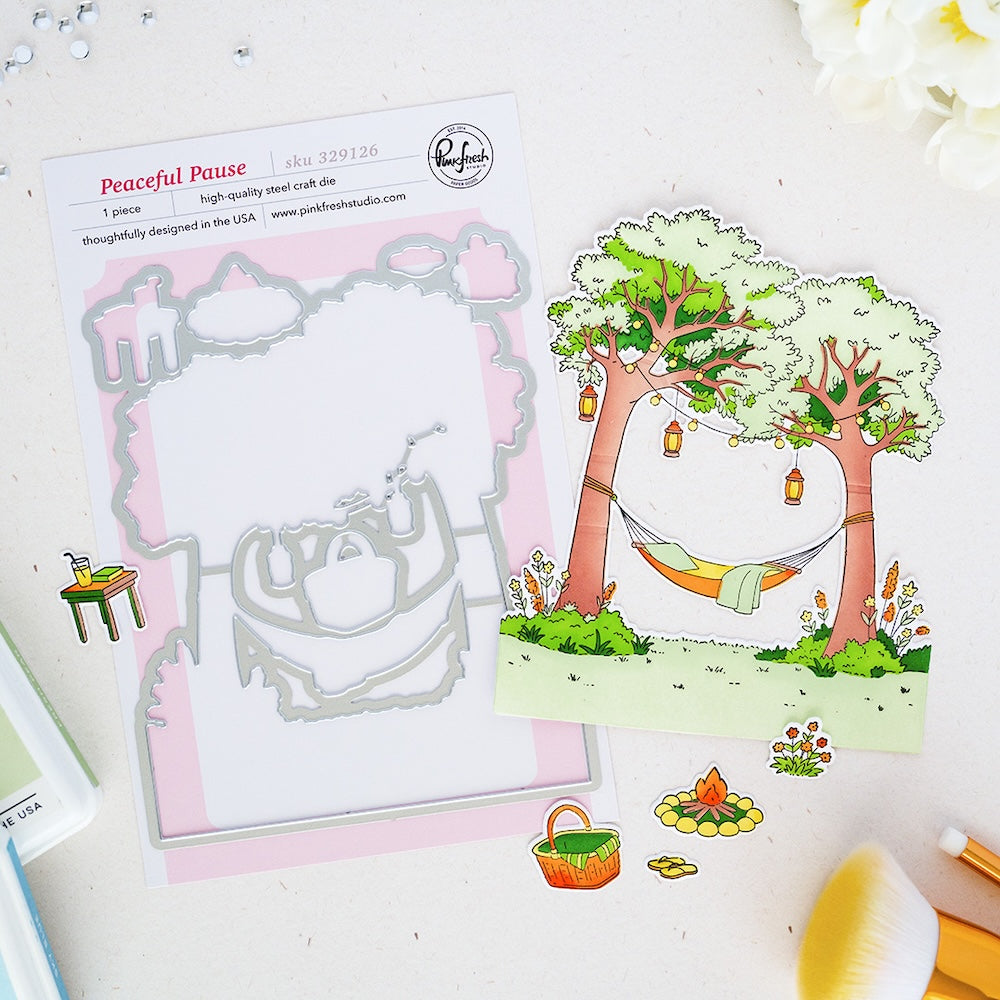 Pinkfresh Studio Peaceful Pause Cling Stamps Die And Stencils Bundle 329126 Die And Colored Sample