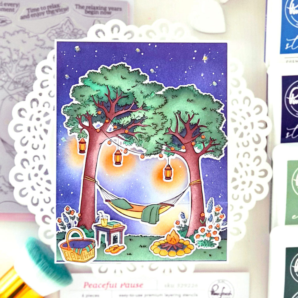 Pinkfresh Studio Peaceful Pause Cling Stamps Die And Stencils Bundle Anett Hammock card