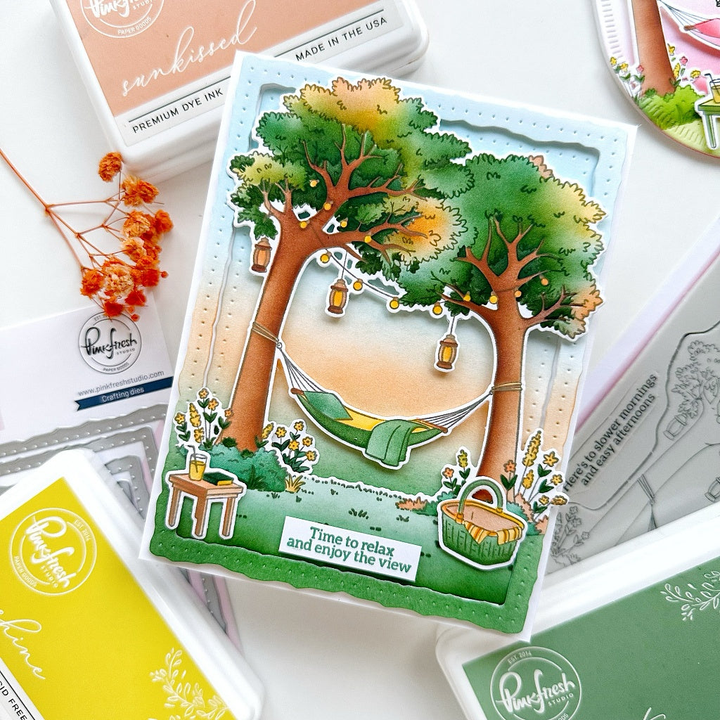 Pinkfresh Studio Peaceful Pause Stencils 329226 Raquel Time to Relax Hammock Card