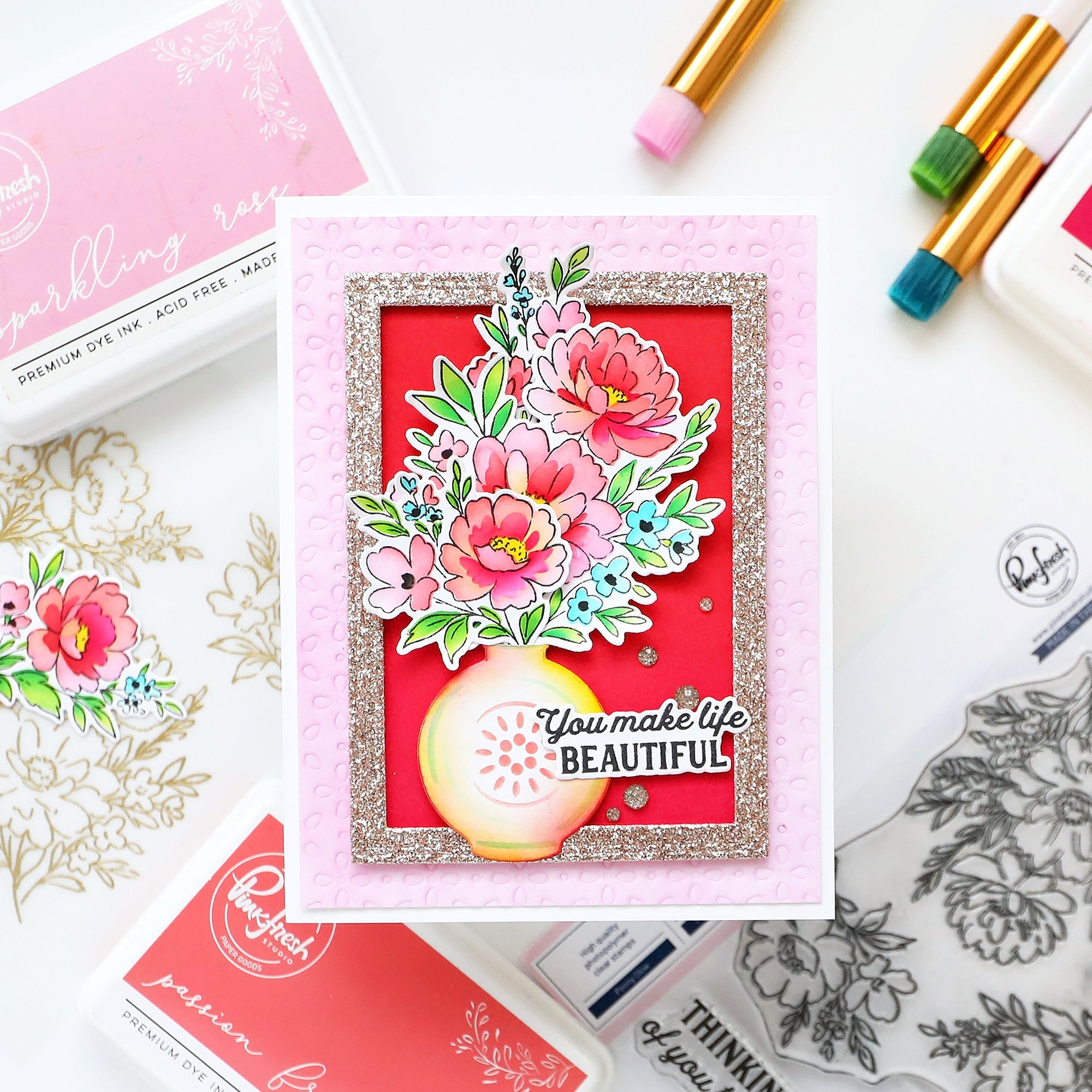 Pinkfresh Studio Peony Glow Clear Stamps 299025 You Make Life Beautiful Card