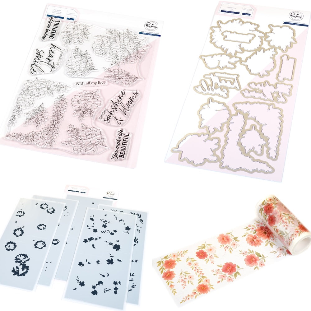 Pinkfresh Studio Peony Glow Stamps Dies Stencils And Washi Bundle