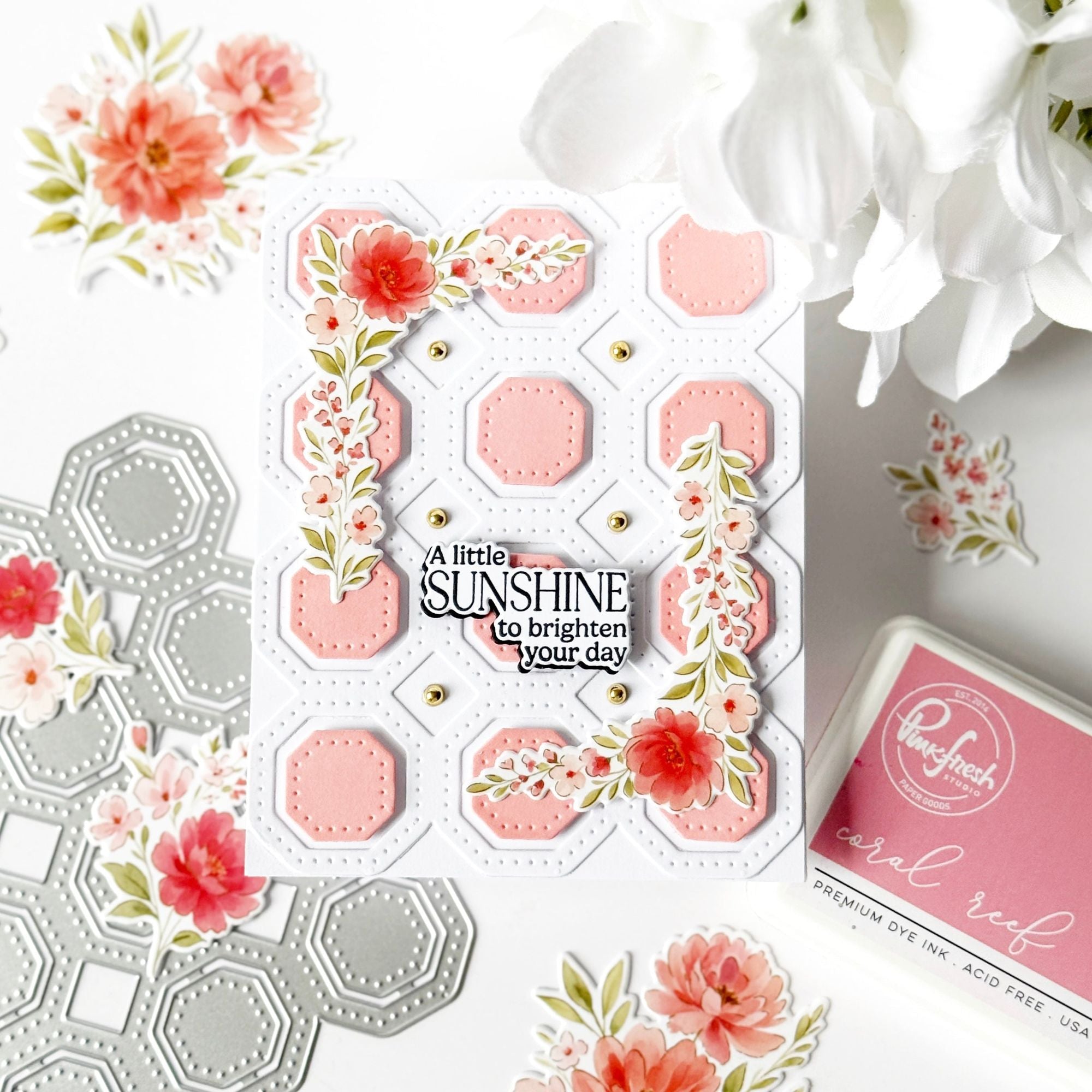 Pinkfresh Studio Peony Glow Stamps Dies Stencils And Washi Bundle A Little Sunshine To Brighten Your Day Card