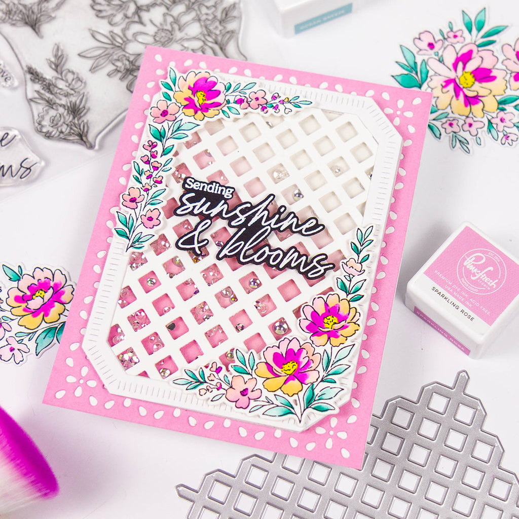 Pinkfresh Studio Peony Glow Stencils 299225 Sending Sunshine And Blooms Card