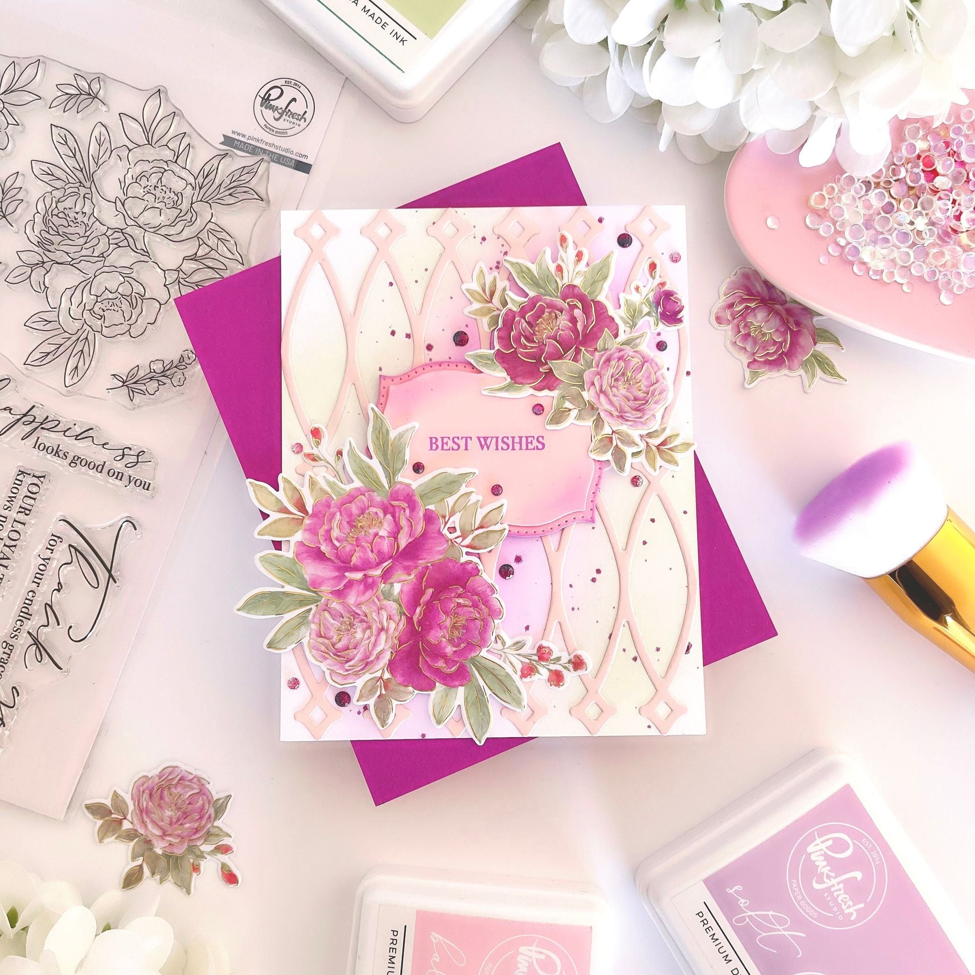 Pinkfresh Studio Peony Perfection Pink Washi Tape 270725 Best Wishes Card