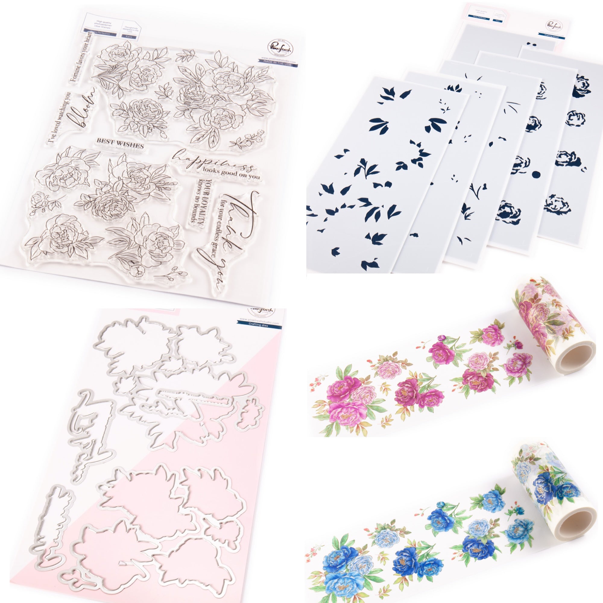 Pinkfresh Studio Peony Perfection Stamps Dies Stencils And Washi Tape Bundle