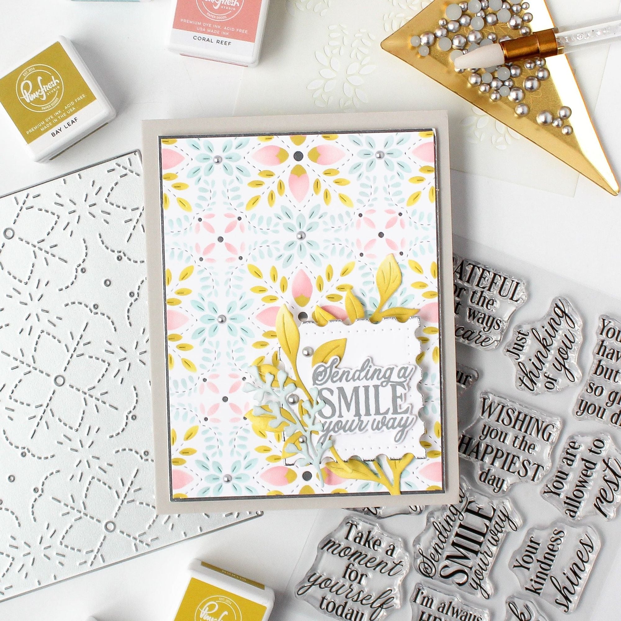 Pinkfresh Studio Petal Mosaic Coverplate Die And Stencils Bundle Sending A Smile Your Way Card