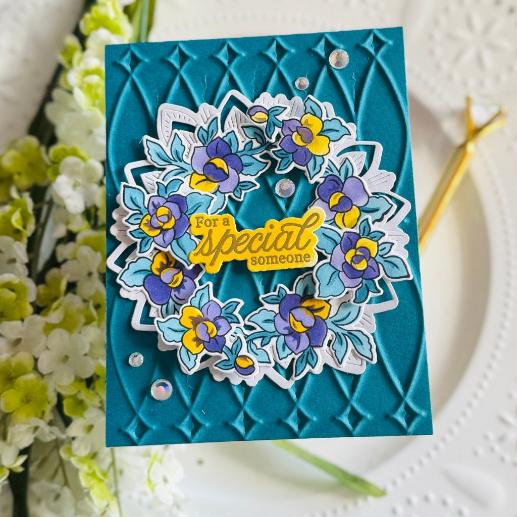 Pinkfresh Studio Petal Poise Clear Stamps Dies And Stencils Bundle Kailash blue and yellow flower card