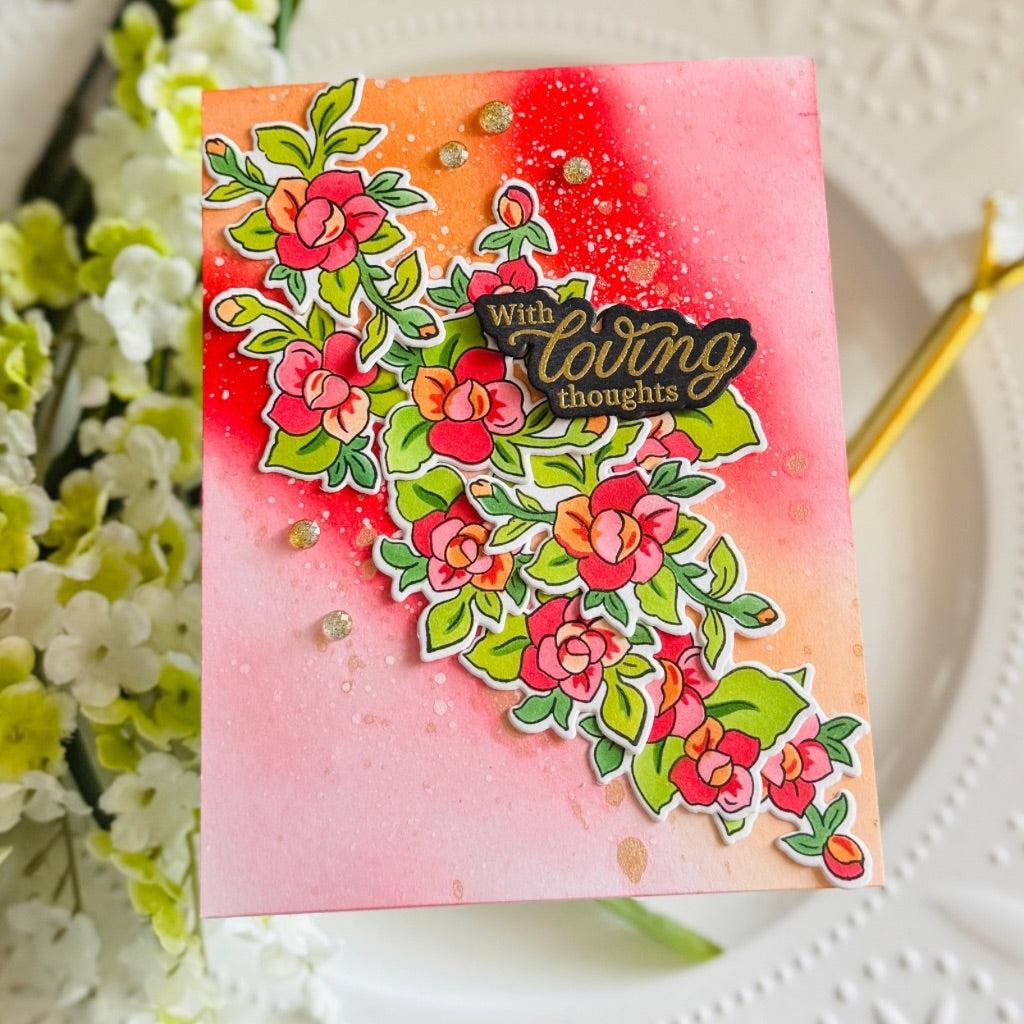 Pinkfresh Studio Petal Poise Clear Stamps Dies And Stencils Bundle Kailash red flower card