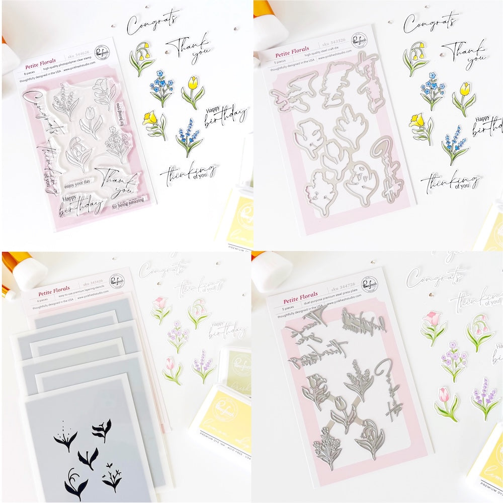 Pinkfresh Studio Petite Florals Clear Stamps Die Stencils And Press Plates Bundle