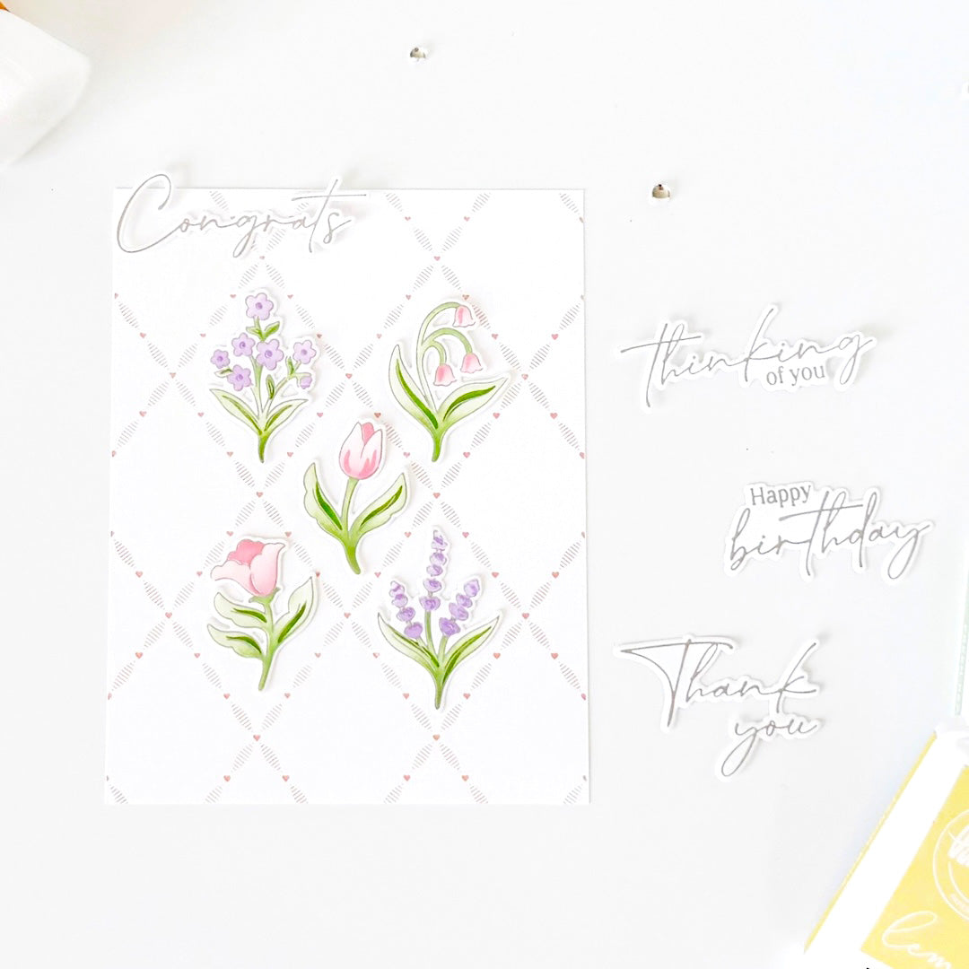 Pinkfresh Studio Petite Florals Clear Stamps Die Stencils And Press Plates Bundle Congrats Card