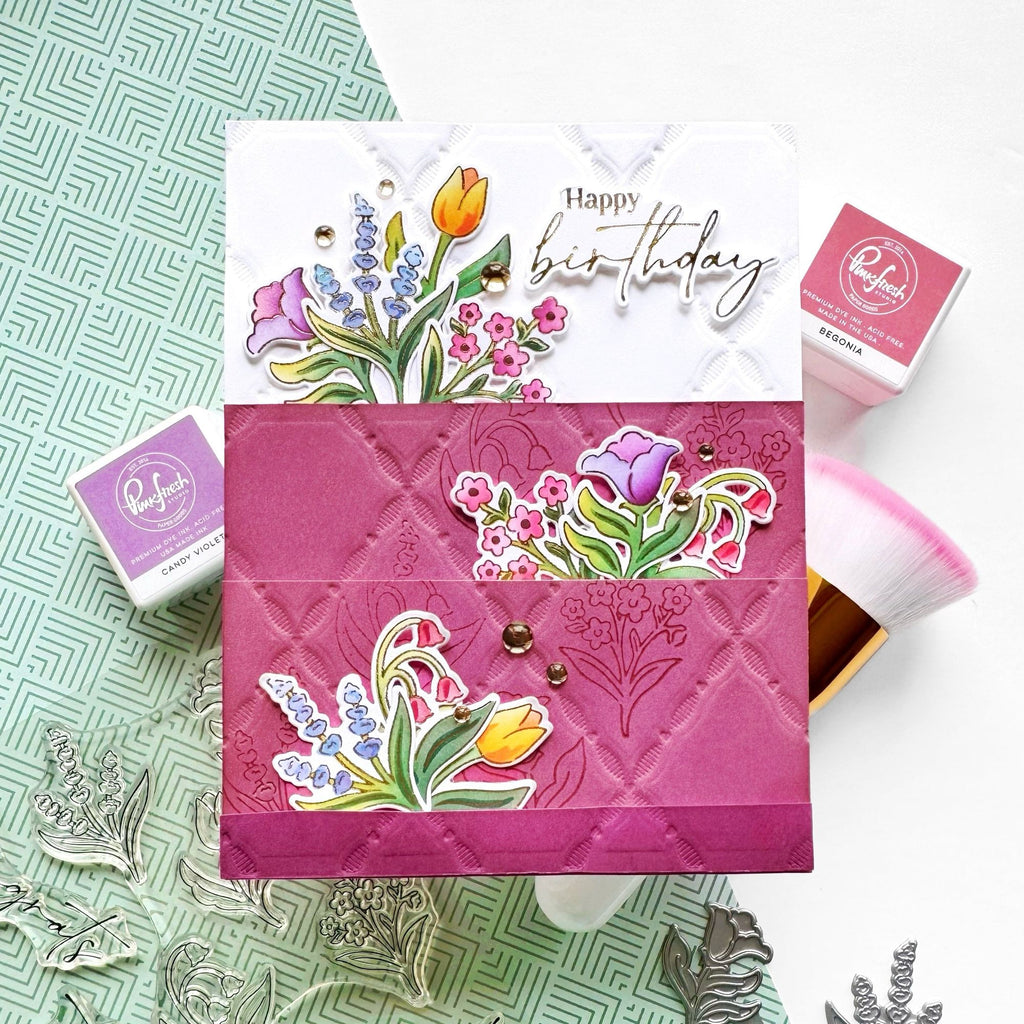 Pinkfresh Studio Petite Florals Clear Stamps Die Stencils And Press Plates Bundle Happy Birthday Card