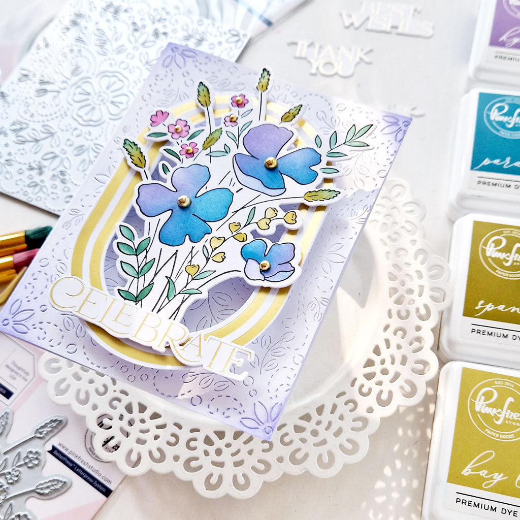 Pinkfresh Studio Playful Petals Clear Stamps 255224 Celebrate Purple and Blue Floral Card by Anett
