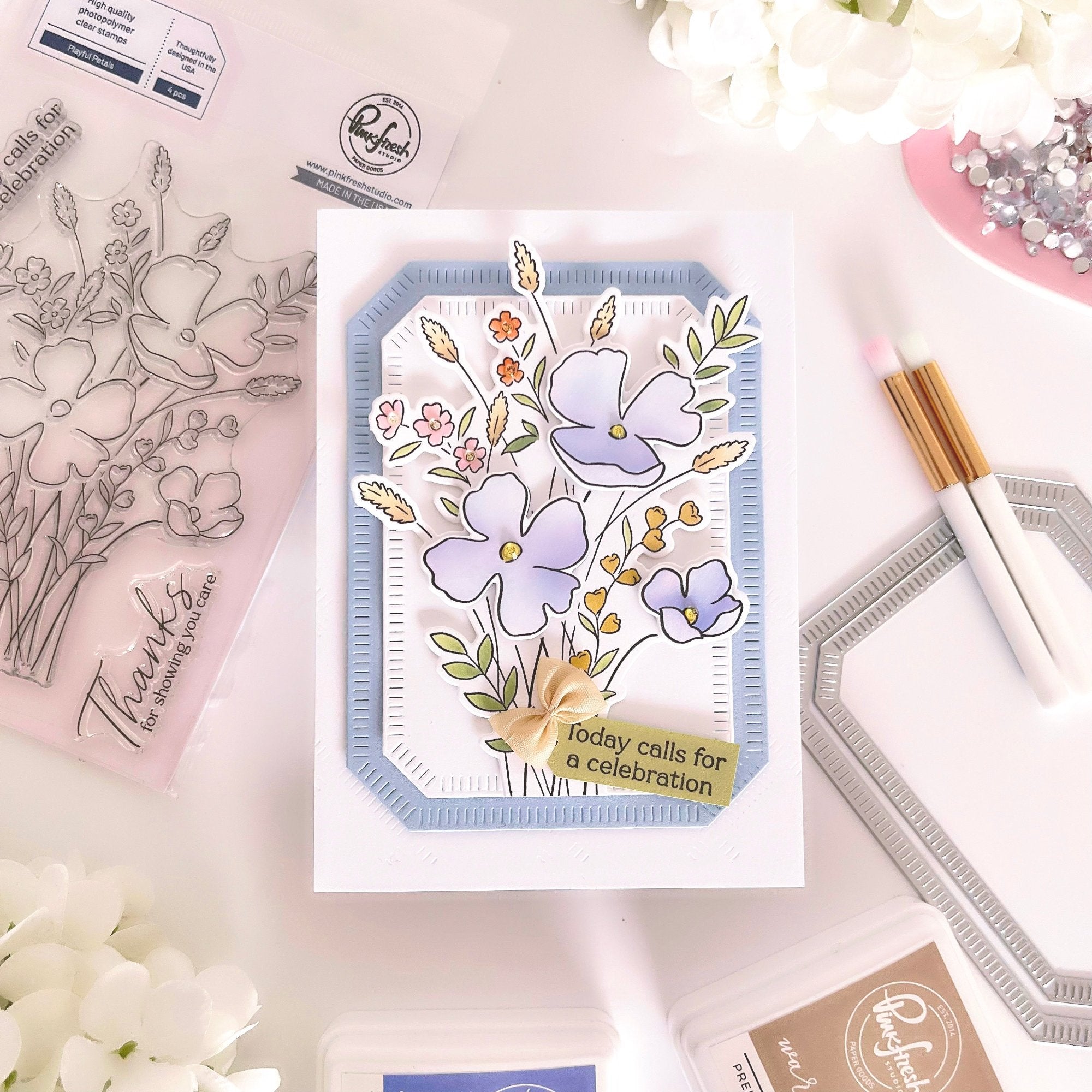 Pinkfresh Studio Playful Petals Clear Stamps 255224 Today Calls for a Celebration Card