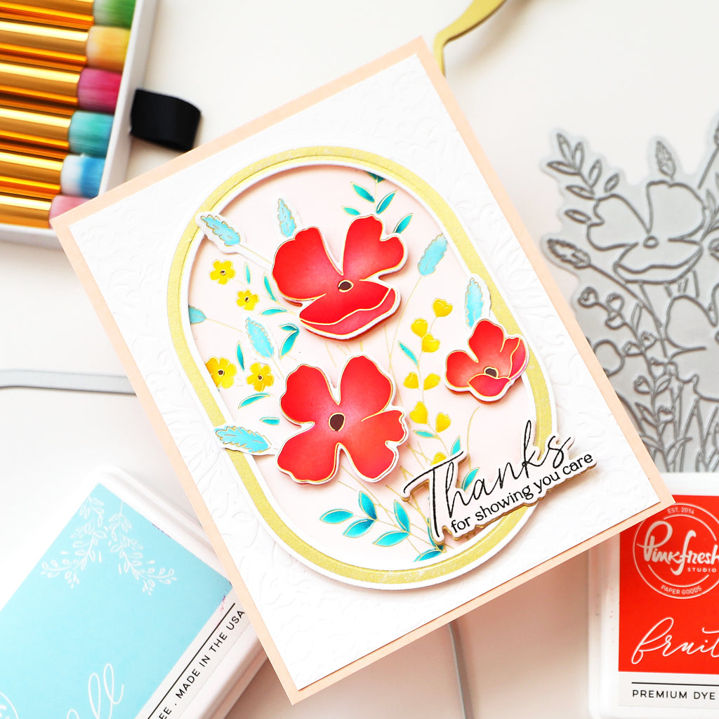 Pinkfresh Studio Playful Petals Press Plates 255524 Red Flowers Outlined in Gold Isha Card