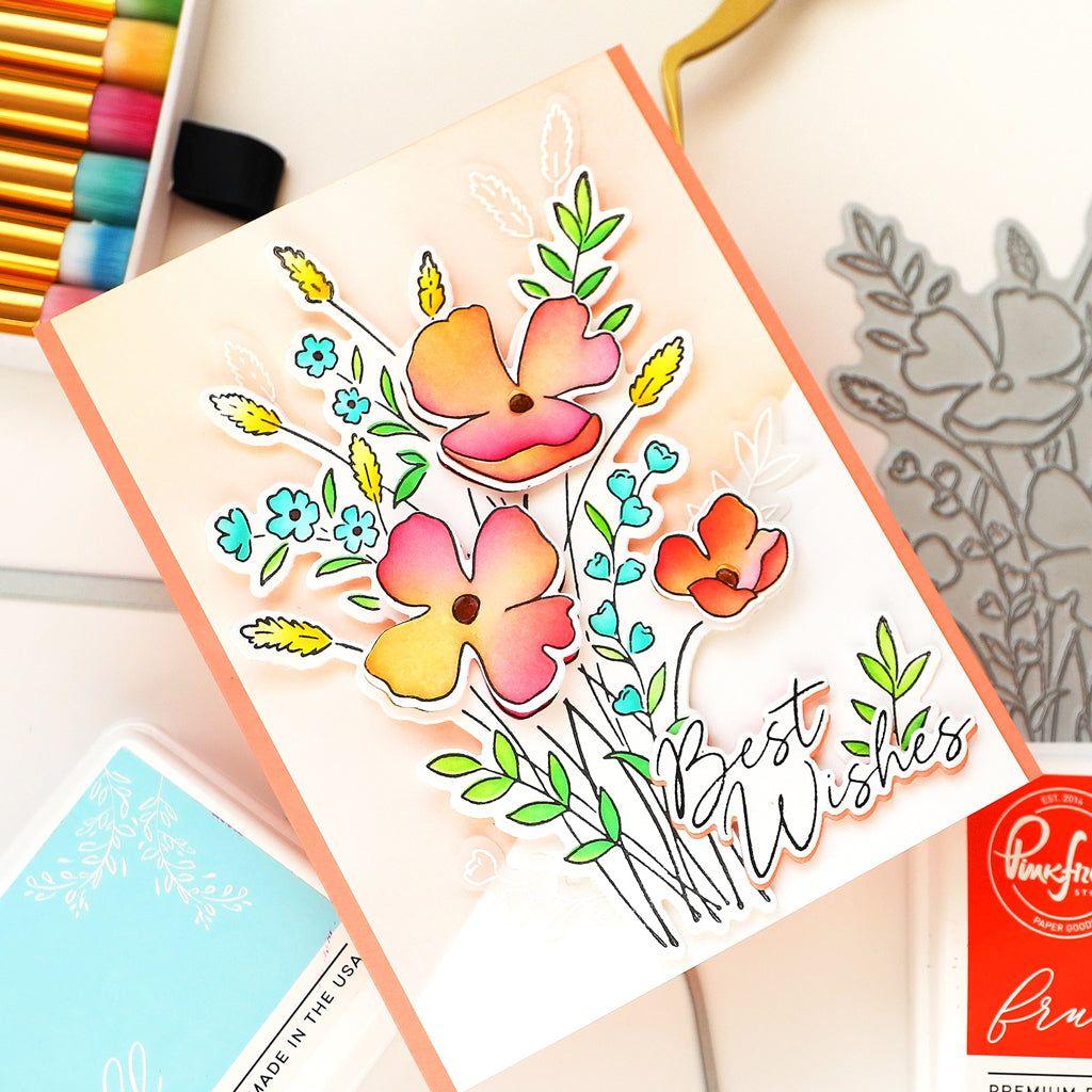 Pinkfresh Studio Playful Petals Stamps Dies Stencils And Press Plates Bundle Best Wishes Card