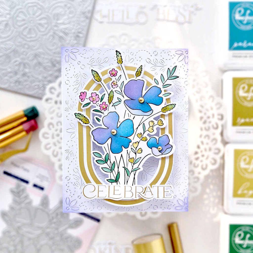 Pinkfresh Studio Playful Petals Stencils 255424 Anett Blue and Purple Card