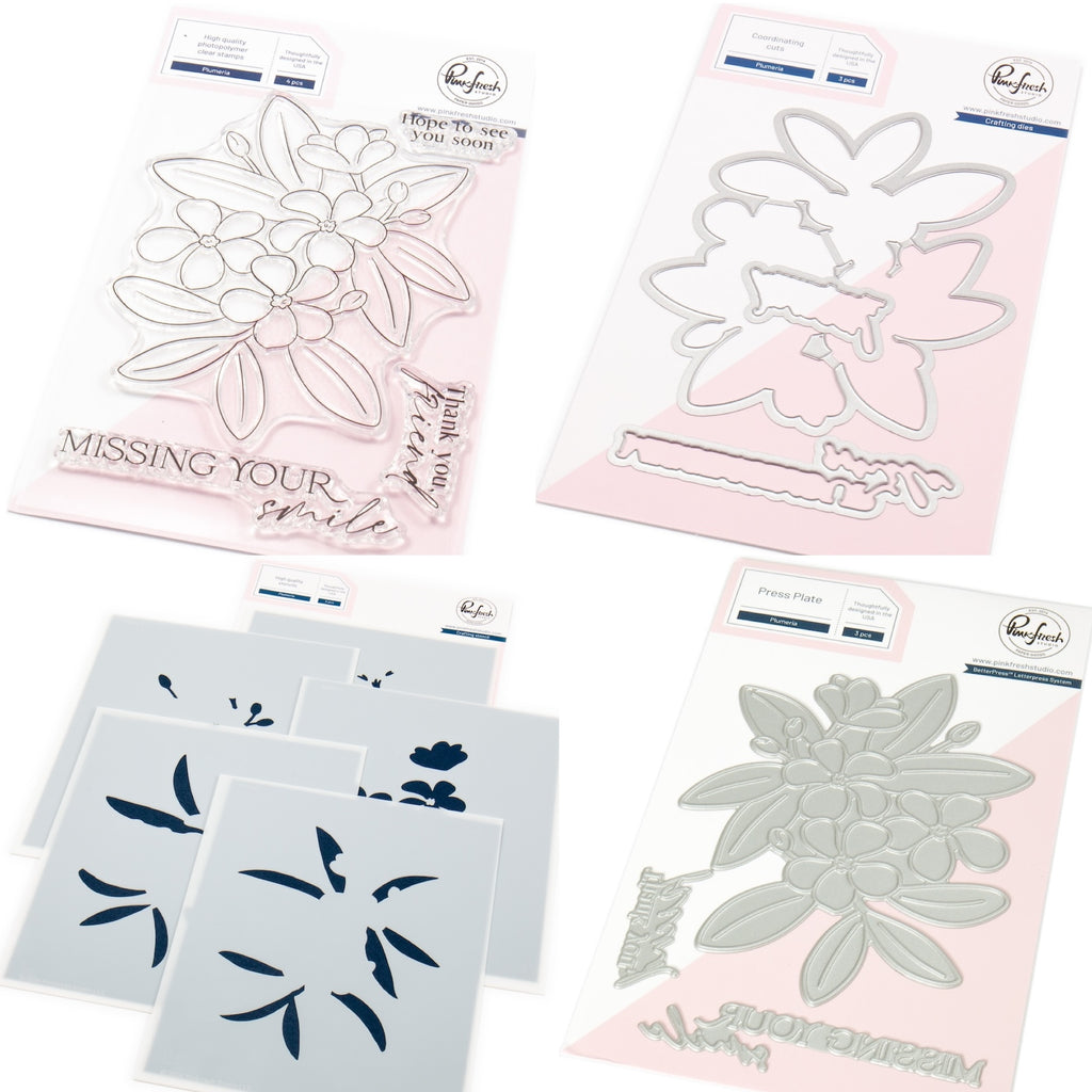Pinkfresh Studio Plumeria Stamps Dies Stencils And Press Plates Bundle