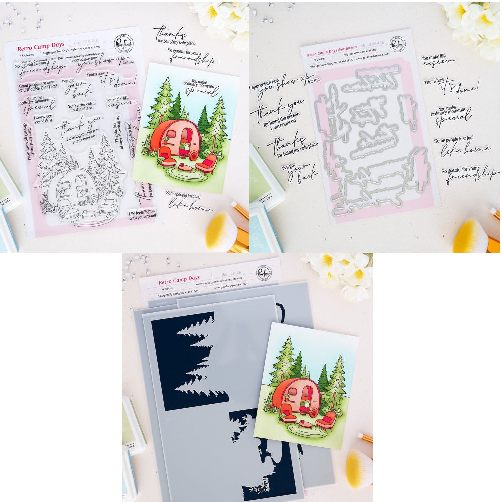 Pinkfresh Studio Retro Camp Days Clear Stamps Dies And Stencils Bundle