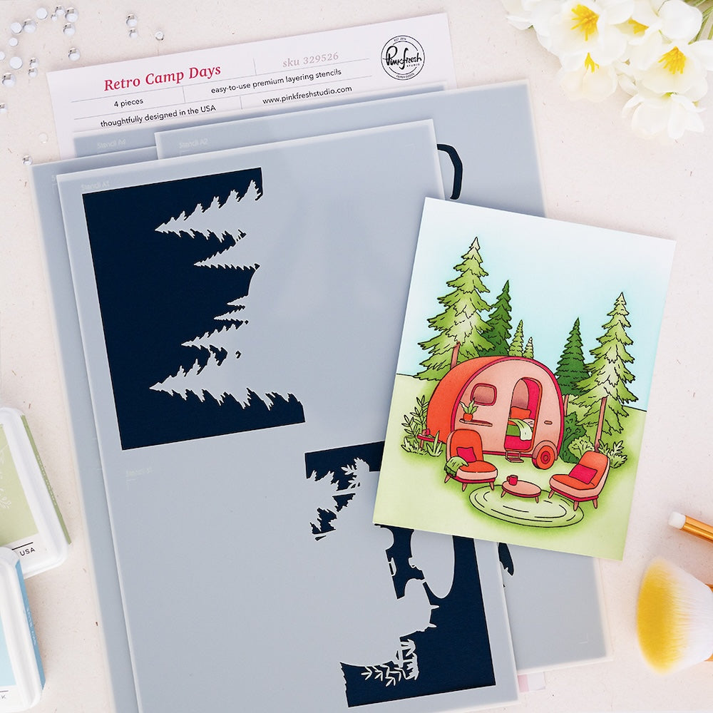 Pinkfresh Studio Retro Camp Days Clear Stamps Dies And Stencils Bundle 329526 Stencils Set with colored camper scene sample