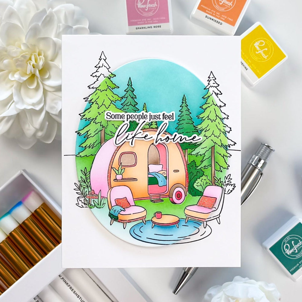 Pinkfresh Studio Retro Camp Days Clear Stamps Dies And Stencils Bundle Charlene Some people just feel like home Camper card