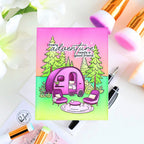 Pinkfresh Studio Retro Camp Days Clear Stamps Dies And Stencils Bundle Michelle Short Every adventure needs a good friend Camper card
