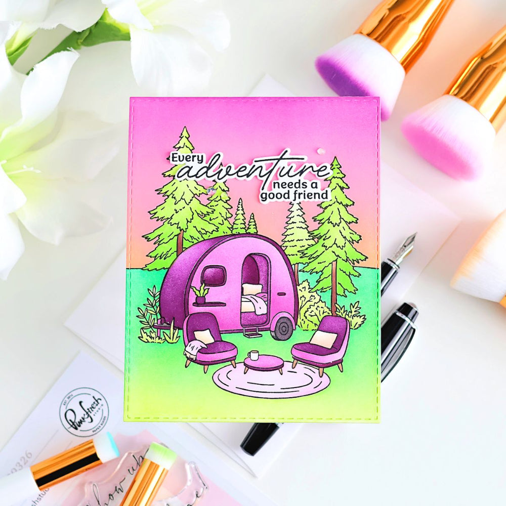 Pinkfresh Studio Retro Camp Days Sentiments Dies 329426 Michelle Short Every adventure needs a good friend card