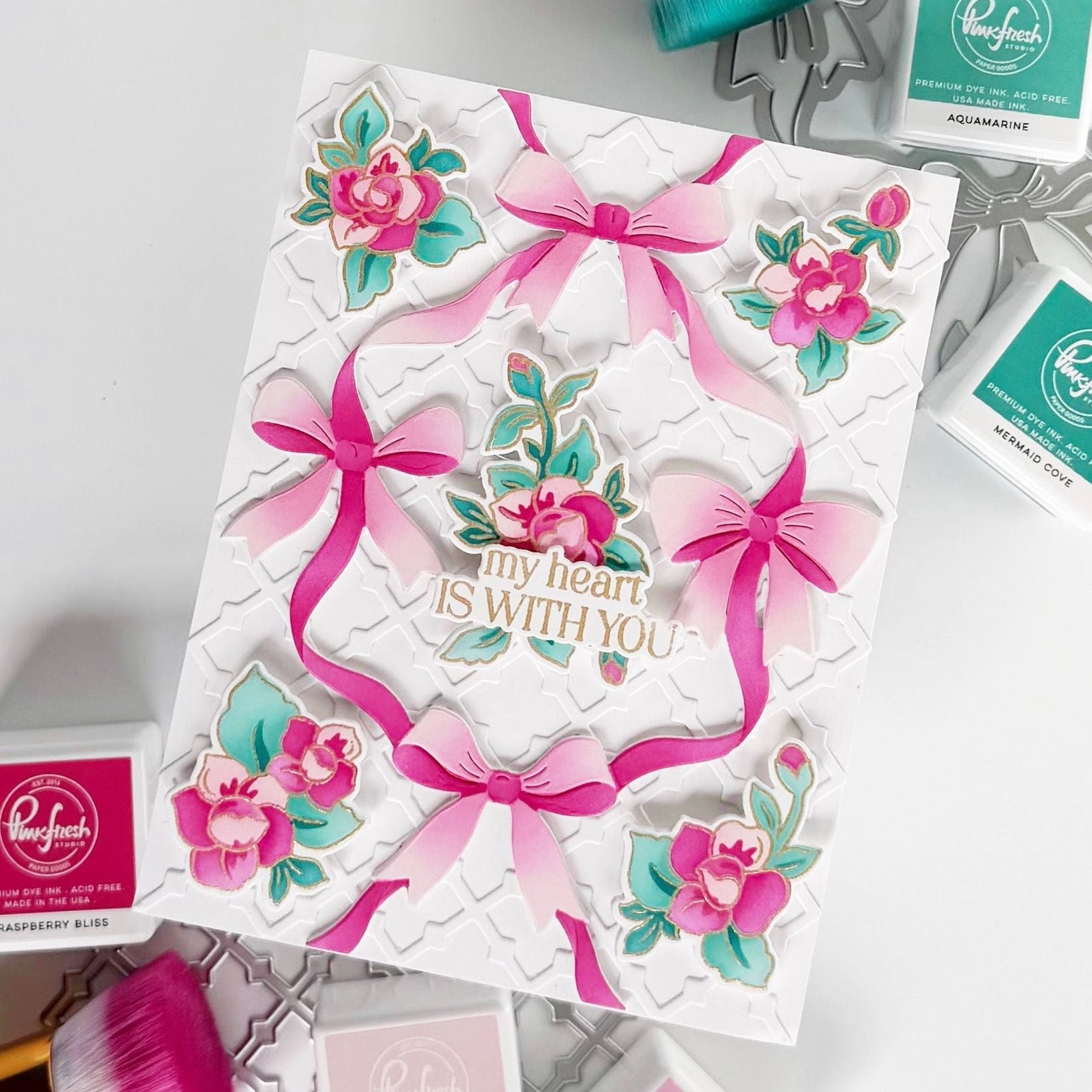 Pinkfresh Studio Ribbon Splendor Die 306325 Jody My heart is with you pink bow card