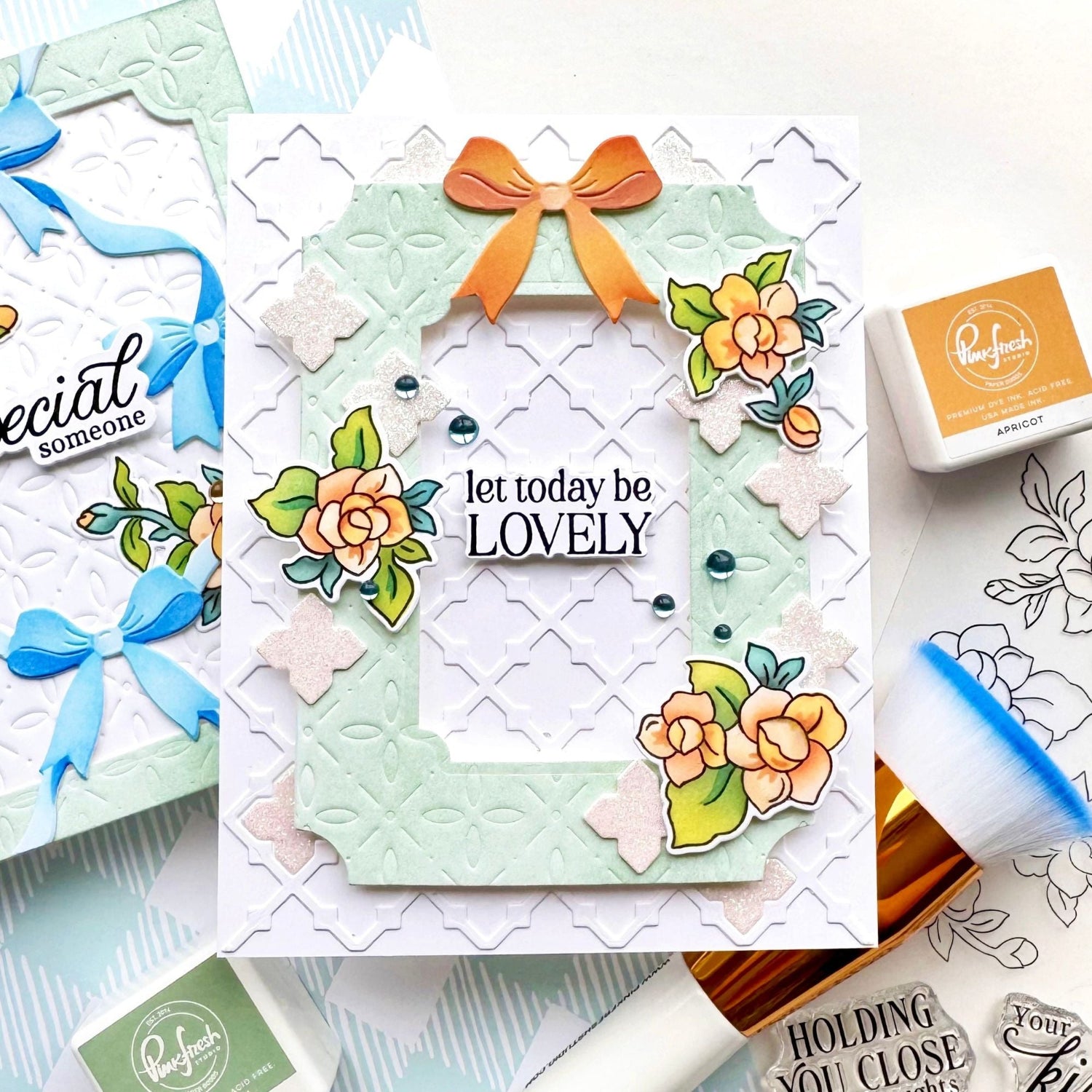Pinkfresh Studio Ribbon Splendor Stencils 306425 Steph let today be lovely card