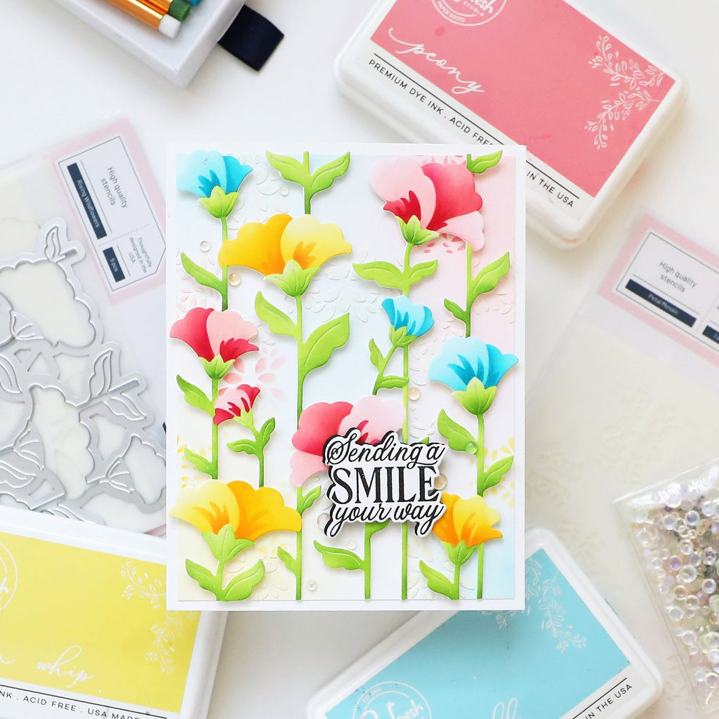 Pinkfresh Studio Rising Wildflowers Die And Stencils Bundle Isha Sending A Smile Your Way Card
