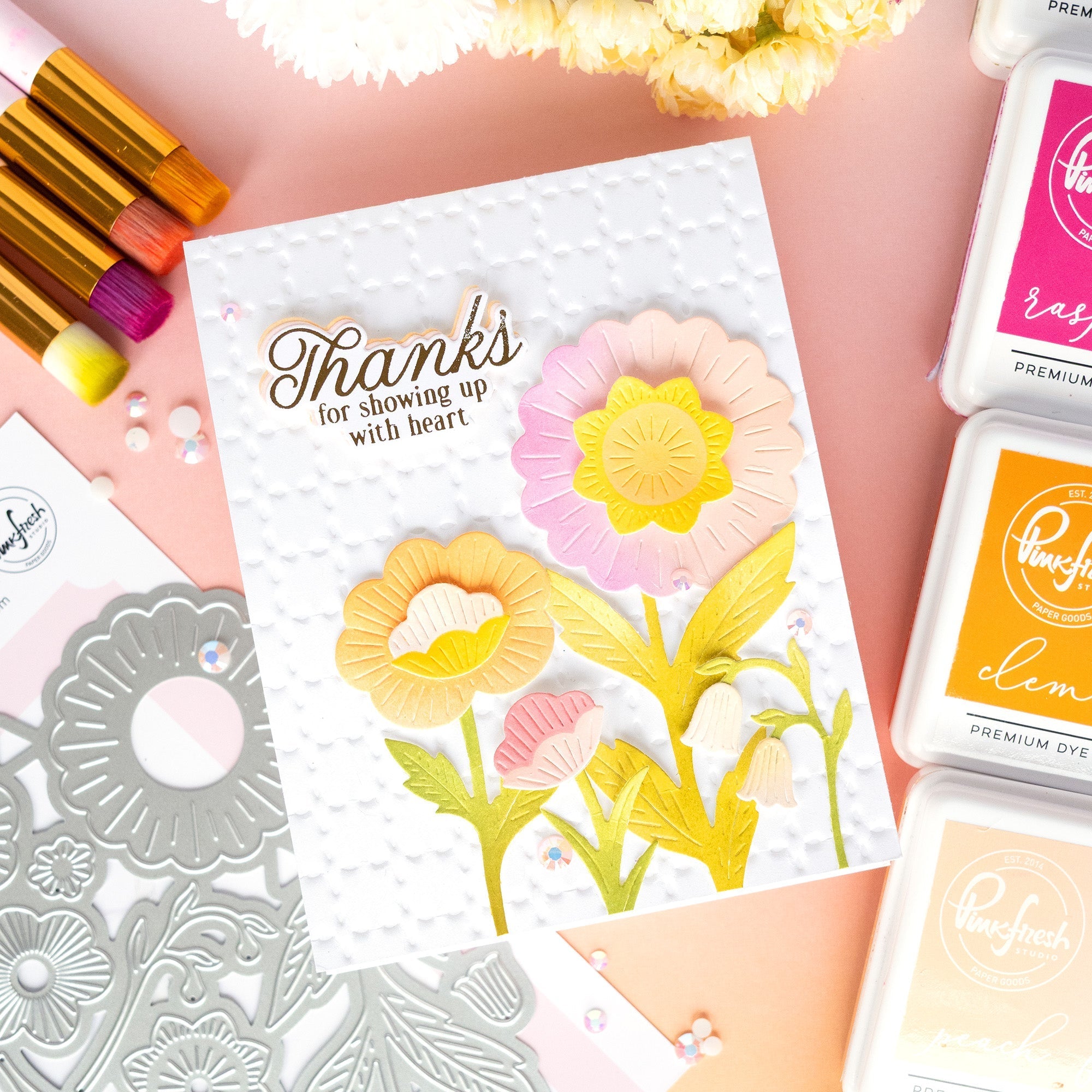 Pinkfresh Studio Room For Joy Clear Stamps Dies And Press Plates Bundle Thanks For Showing Up With Heart Card