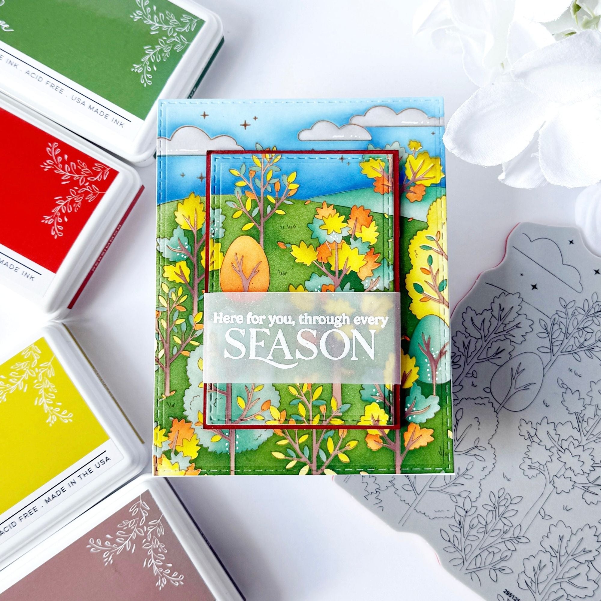 Pinkfresh Studio Rooted In Wonder Stamps And Dies Bundle Here For You Through Every Season Card