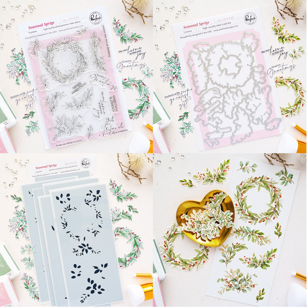 Pinkfresh Studio Seasonal Sprigs Clear Stamps Dies Stencils And Washi Bundle