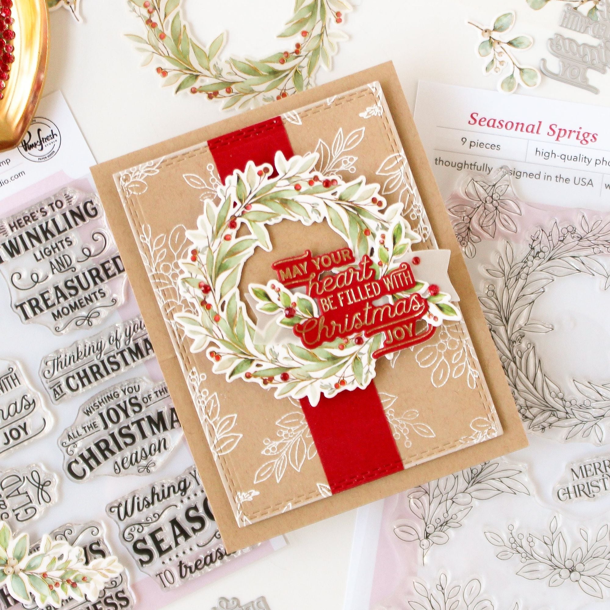 Pinkfresh Studio Seasonal Sprigs Dies 331426 Christmas Wreath Card