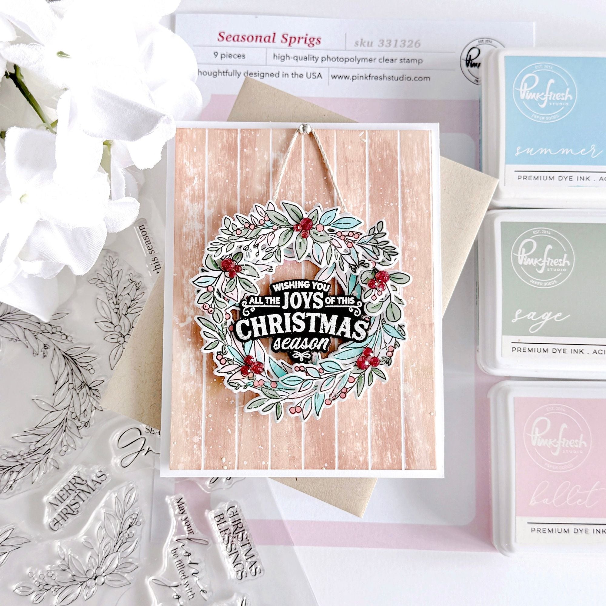Pinkfresh Studio Seasonal Sprigs Stencils 331526 Joys Of Christmas Season Card