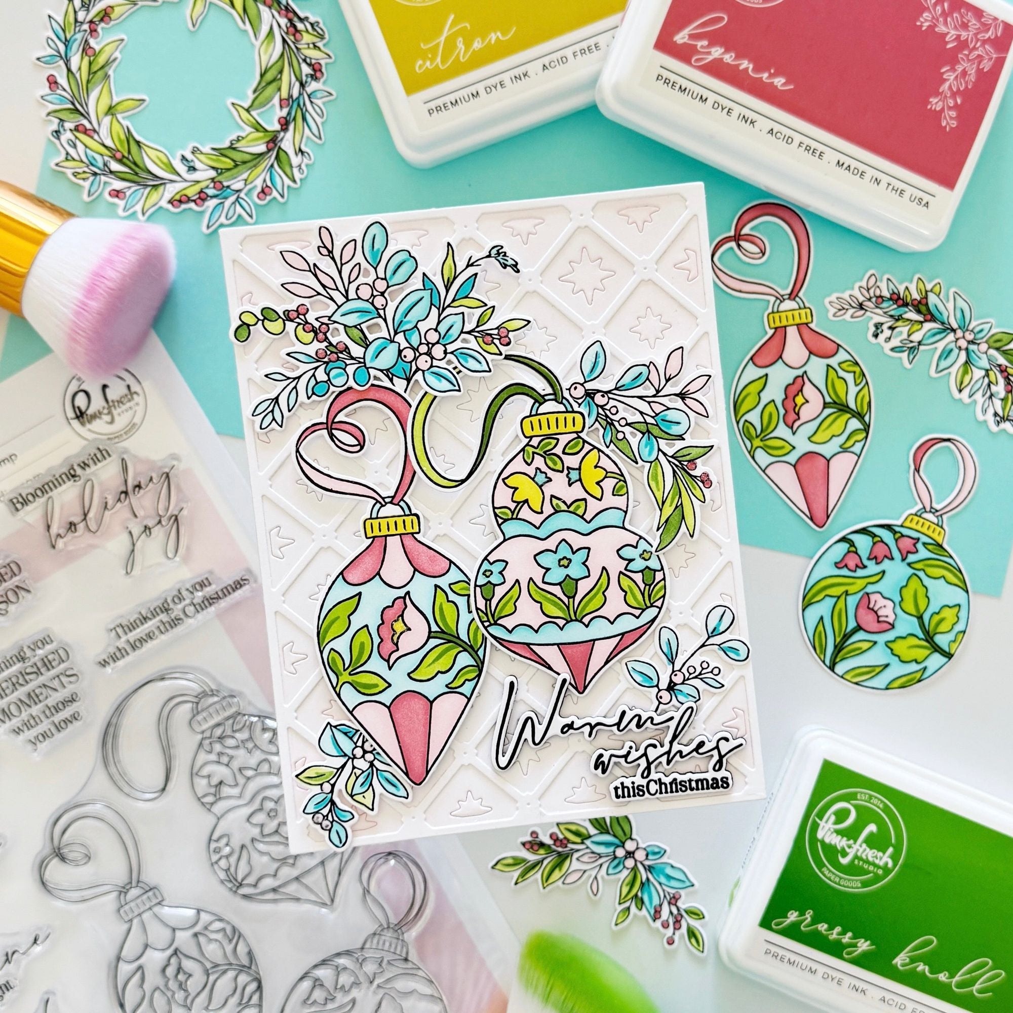 Pinkfresh Studio Seasonal Sprigs Stencils 331526 Warm Wishes This Christmas Card