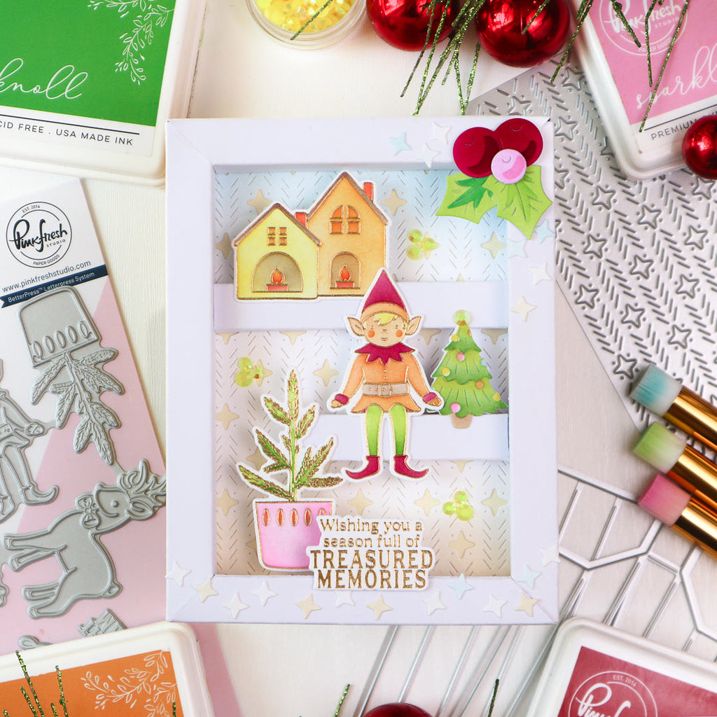 Pinkfresh Studio Shadow Box Frame Dies 288725 Christmas Elf Card