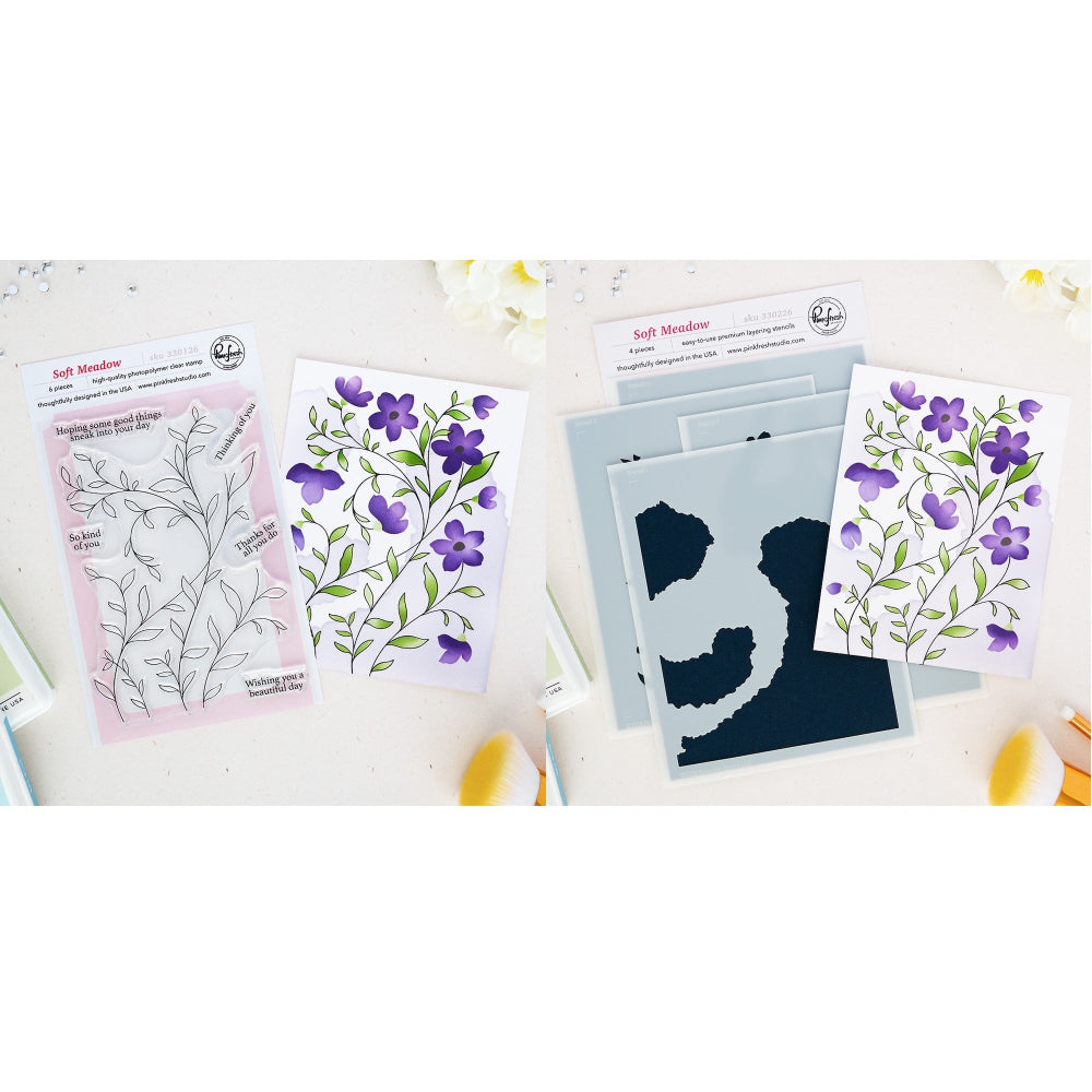 Pinkfresh Studio Soft Meadow Clear Stamps And Stencils Bundle