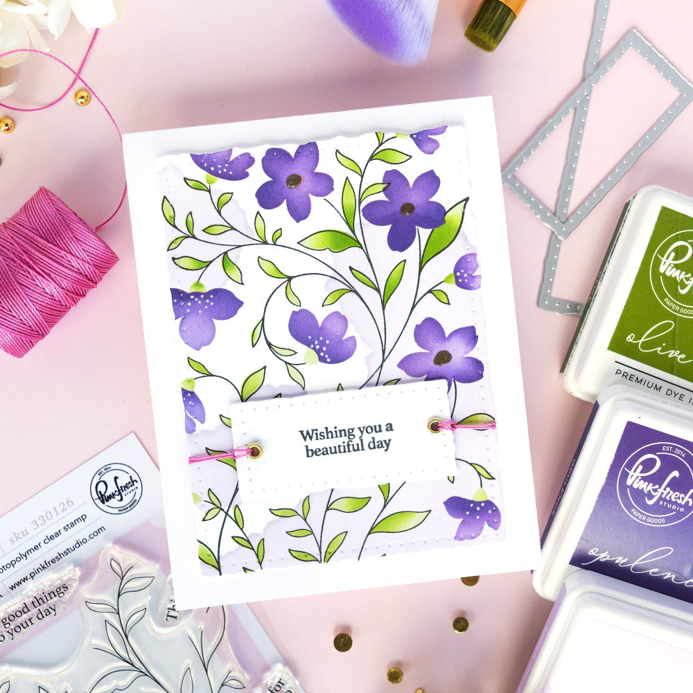 Pinkfresh Studio Soft Meadow Clear Stamps And Stencils Bundle Wishing you a beautiful day Flower Card