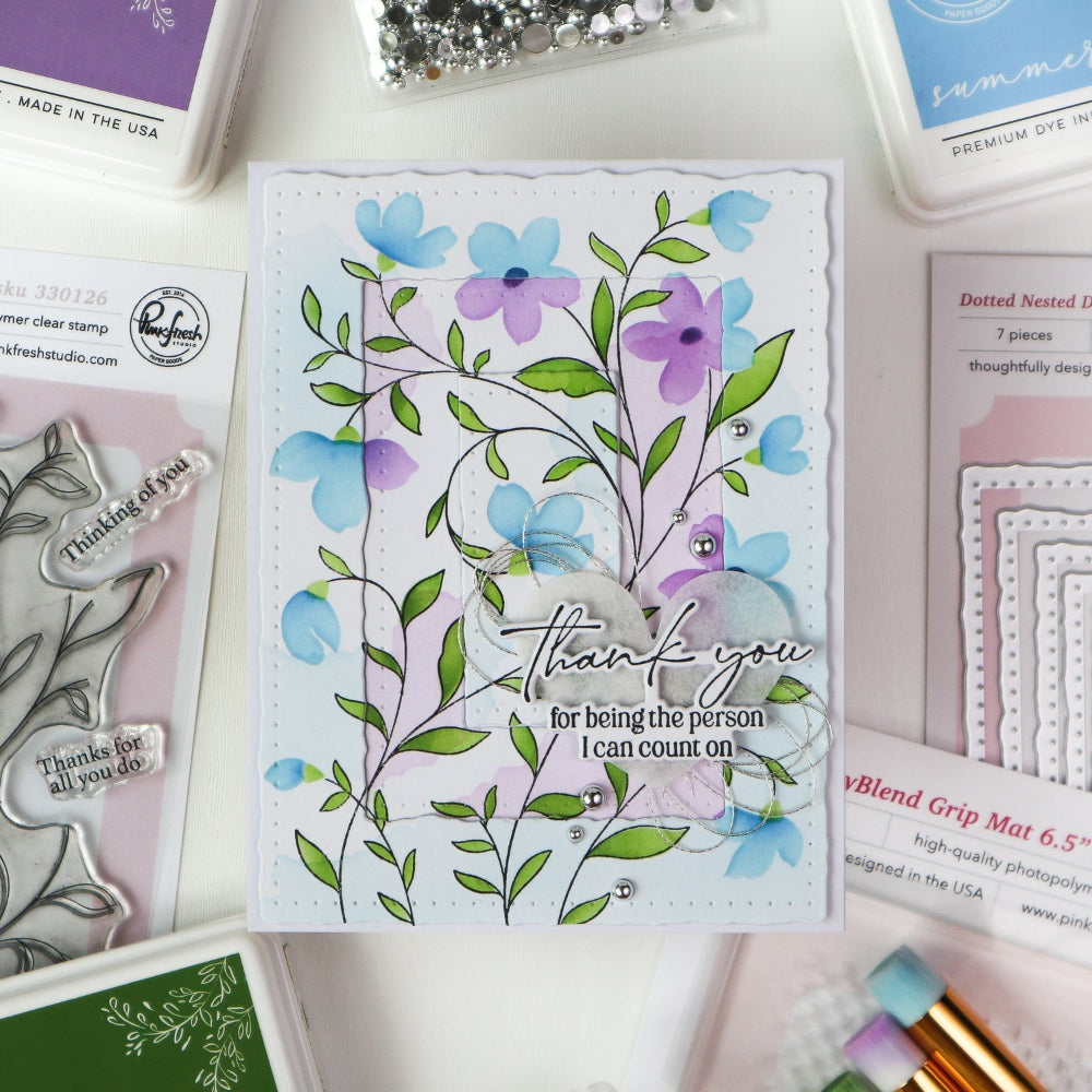 Pinkfresh Studio Soft Meadow Stencils 330226 TaeEun Thank you for being the person I can count on floral card