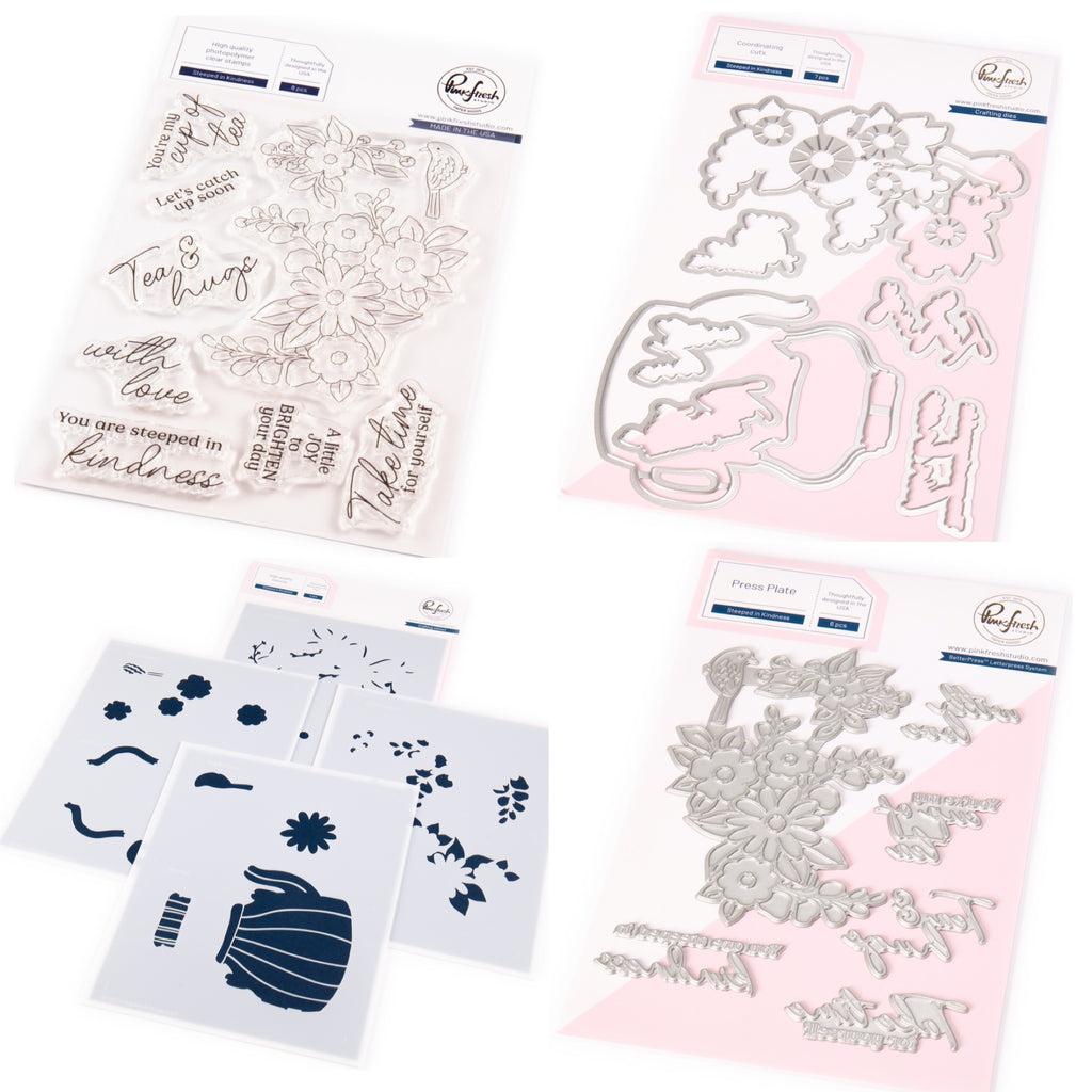 Pinkfresh Studio Steeped In Kindness Stamps Dies Stencils And Press Plate Bundle