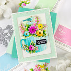 Pinkfresh Studio Steeped In Kindness Stamps Dies Stencils And Press Plate Bundle Let's Catch Up Soon Card