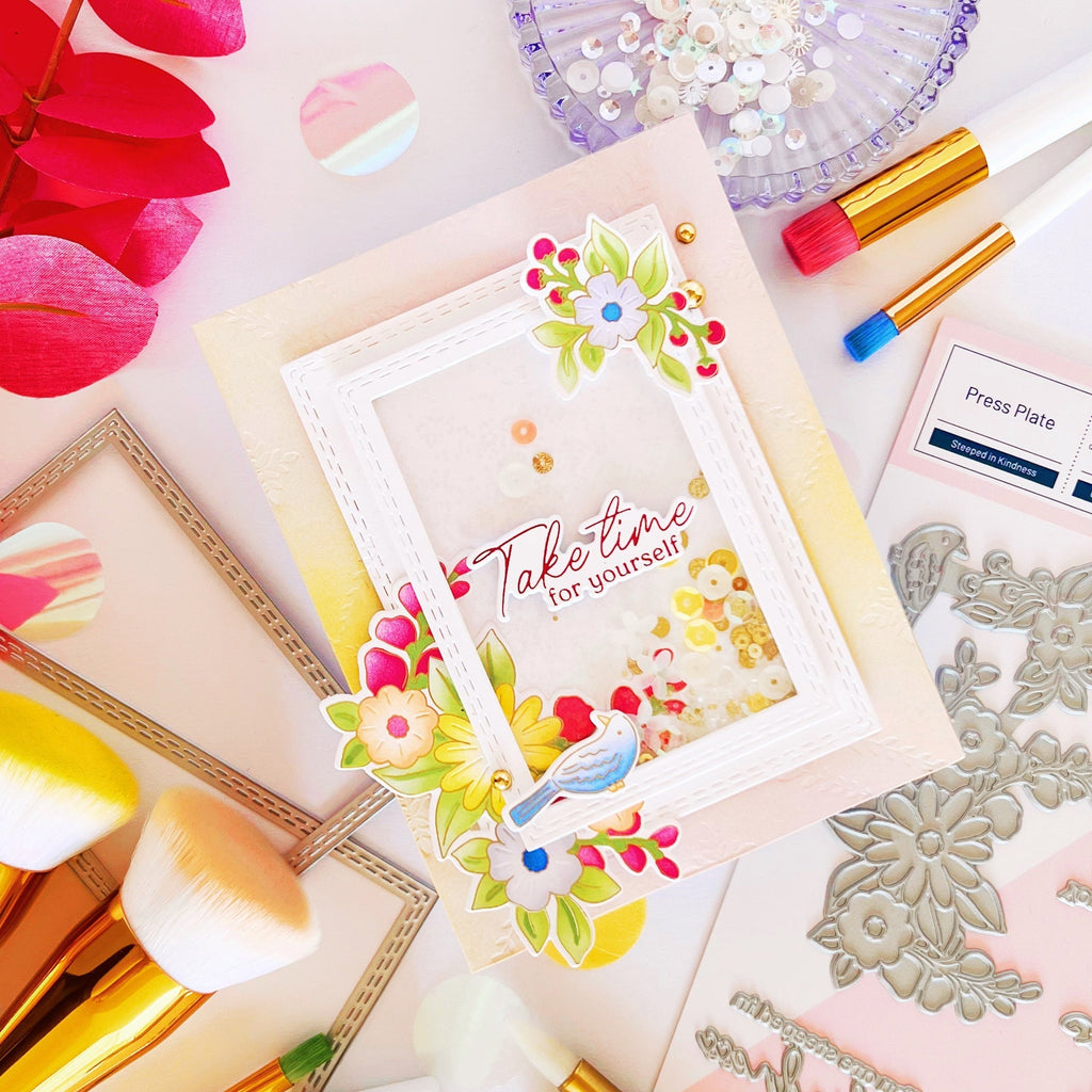 Pinkfresh Studio Steeped In Kindness Stamps Dies Stencils And Press Plate Bundle Take Time For Yourself Card