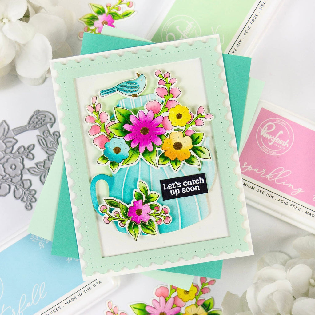 Pinkfresh Studio Steeped In Kindness Stencils 271725 Let's Catch Up Soon Card