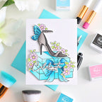 Pinkfresh Studio Step Into Style Clear Stamps Dies Stencils And Press Plates Bundle Michelle Short Celebrate in style Card