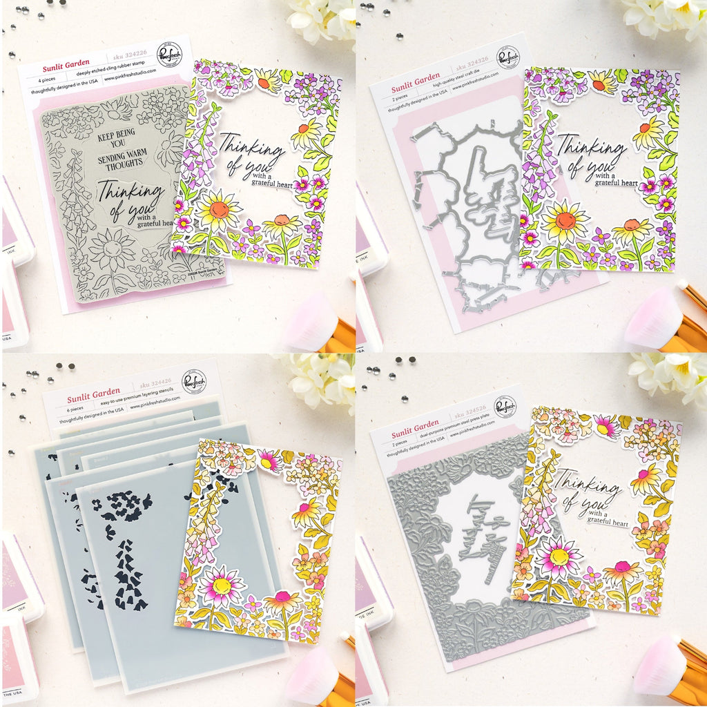 Pinkfresh Studio Sunlit Garden Cling Stamps Dies Stencils And Press Plates Bundle